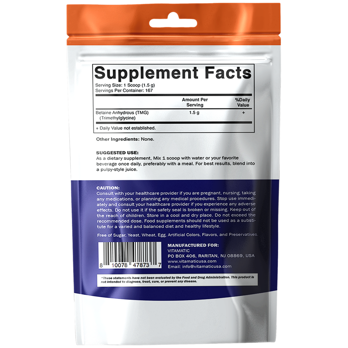 Betaine Anhydrous (TMG) Powder – 250 g (8.8 oz) – Pure Trimethylglycine