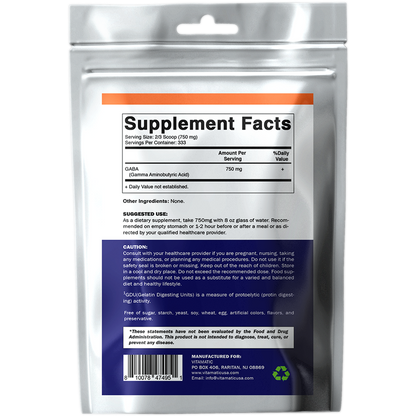 Gamma Aminobutyric Acid Powder 750mg per Serving -250 Grams, 333 Servings