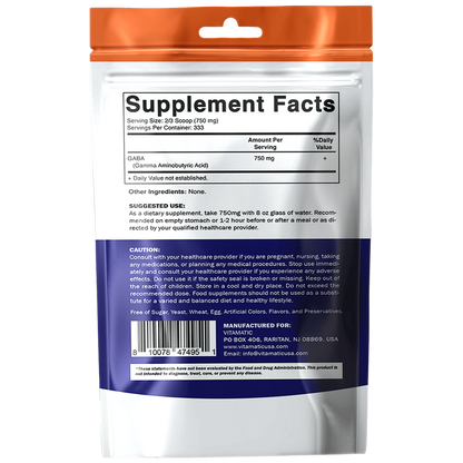 Gamma Aminobutyric Acid Powder 750mg per Serving -250 Grams, 333 Servings