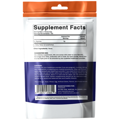 Vitamatic L-Arginine Pure Powder 500 Gram | Unflavored | Non GMO | Gluten Free | No Additives | 5000mg Per Serving | 100 Servings