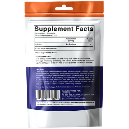 Vitamatic L-Serine Pure Powder 250 Gram | 2000 mg per Serving | 125 Servings