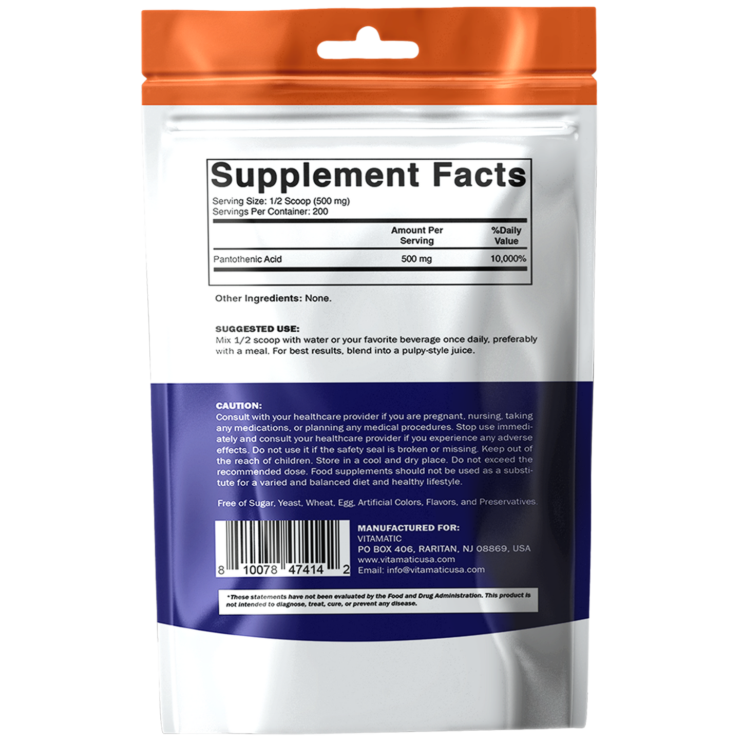 Pantothenic Acid Pure Powder 500 mg per Serving, 100 Grams -Also Called Vitamin B5