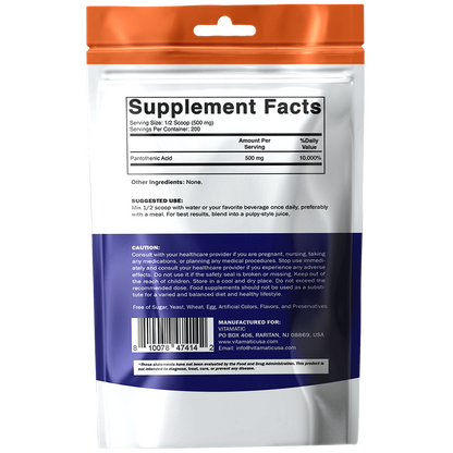 Pantothenic Acid Pure Powder 500 mg per Serving, 100 Grams -Also Called Vitamin B5