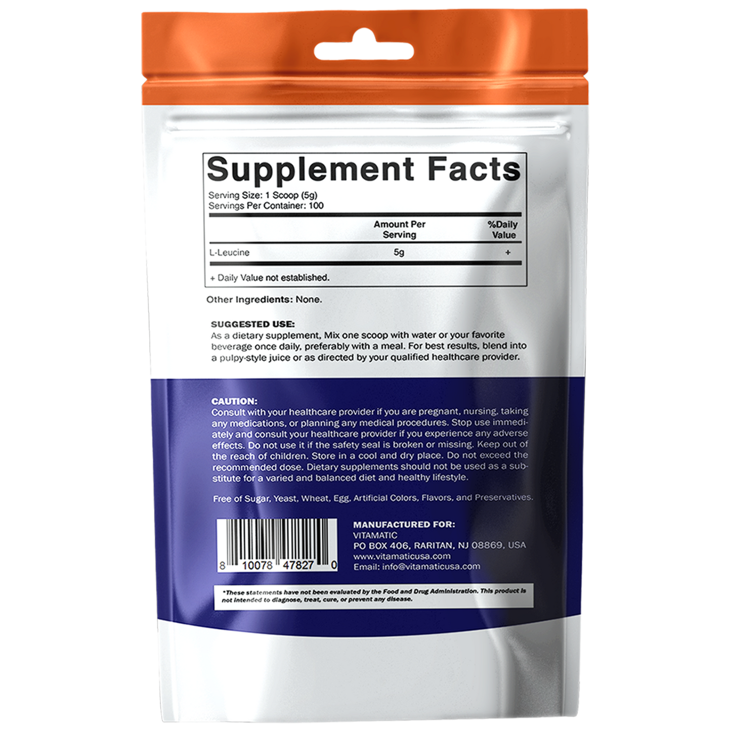 L-Leucine Powder 500g (17.6 oz), 5g Per Serving, 100 Servings Per Bag