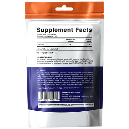 L-Leucine Powder 500g (17.6 oz), 5g Per Serving, 100 Servings Per Bag