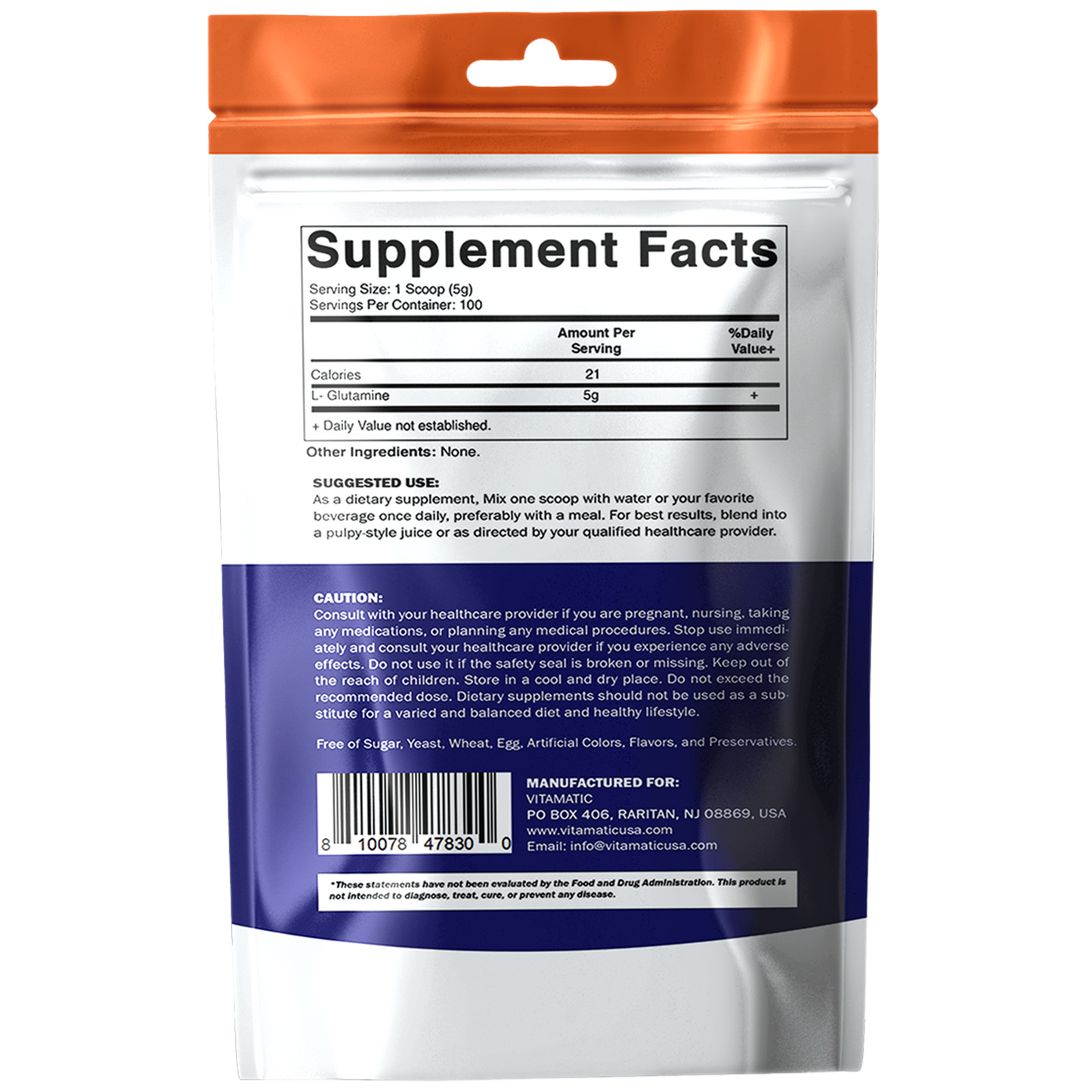 Vitamatic L-Glutamine Powder – 5000 mg per Serving – Unflavored - 500 Gram
