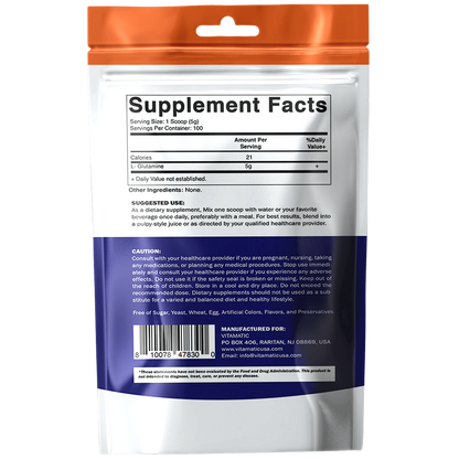 Vitamatic L-Glutamine Powder – 5000 mg per Serving – Unflavored - 500 Gram