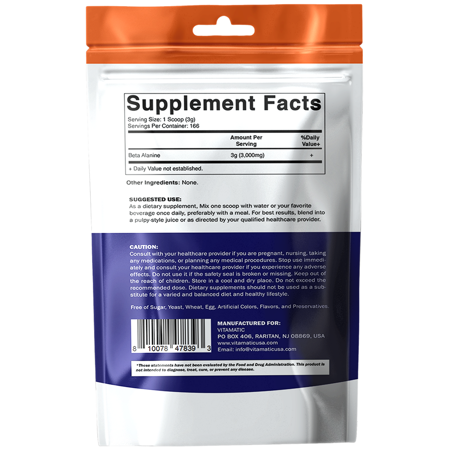 Vitamatic Beta-Alanine Powder – 3000 mg per Serving – Pure Beta Alanine - 500 Gram