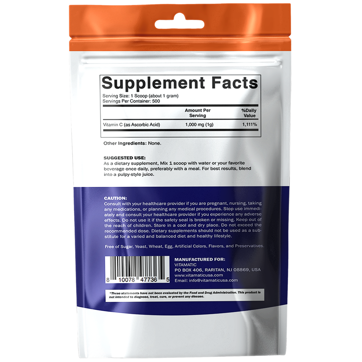 Vitamin C Powder (Ascorbic Acid) – 1000 mg per Serving – 500 Servings - 17.6 Oz (500g) – Pure Unflavored Vitamin C Supplement – Non-GMO, Gluten Free, No Additives