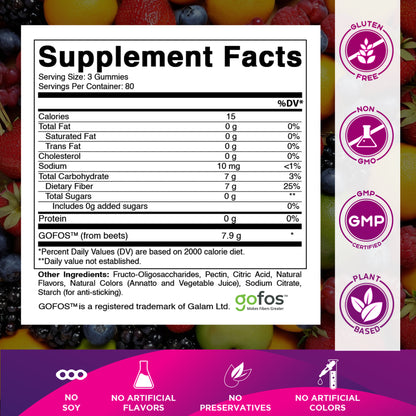 Prebiotic Fiber Gummies for Adults-  240 Pectin Based Gummies, Digestive Health & Regularity Support
