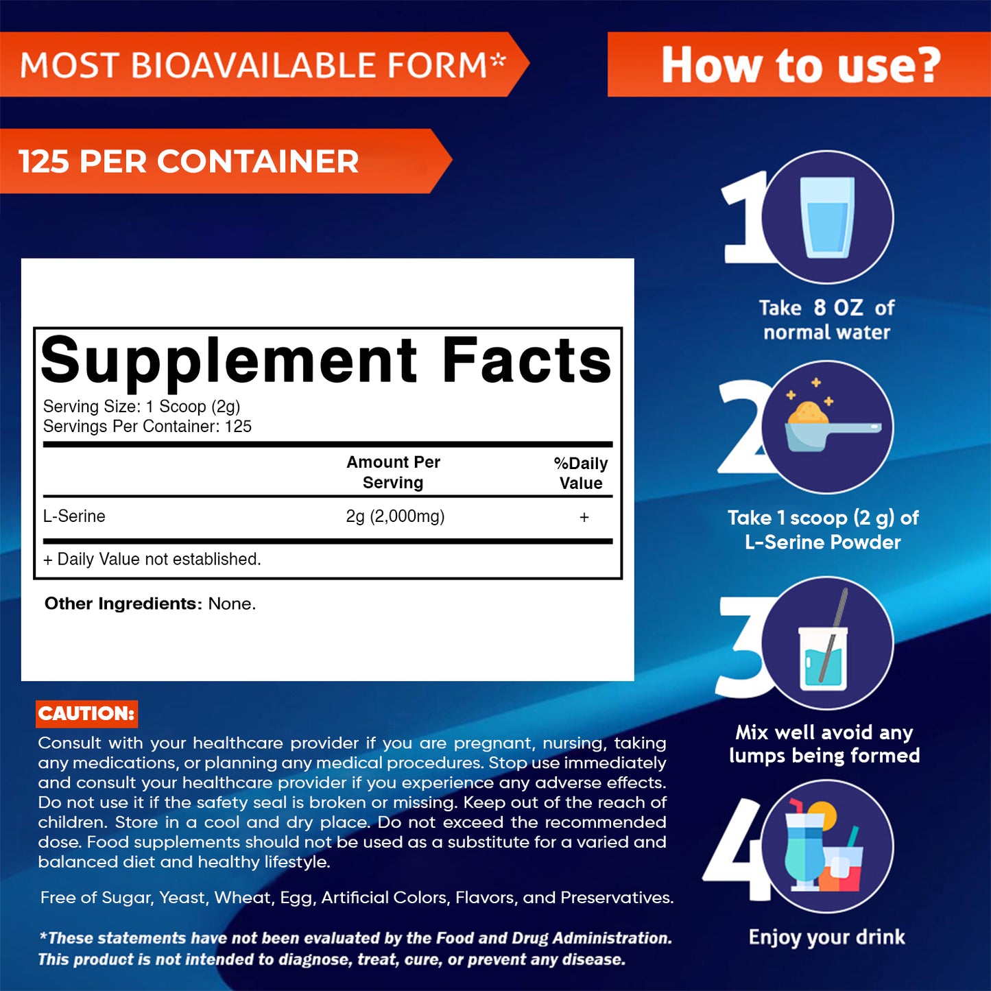Vitamatic L-Serine Pure Powder 250 Gram | 2000 mg per Serving | 125 Servings