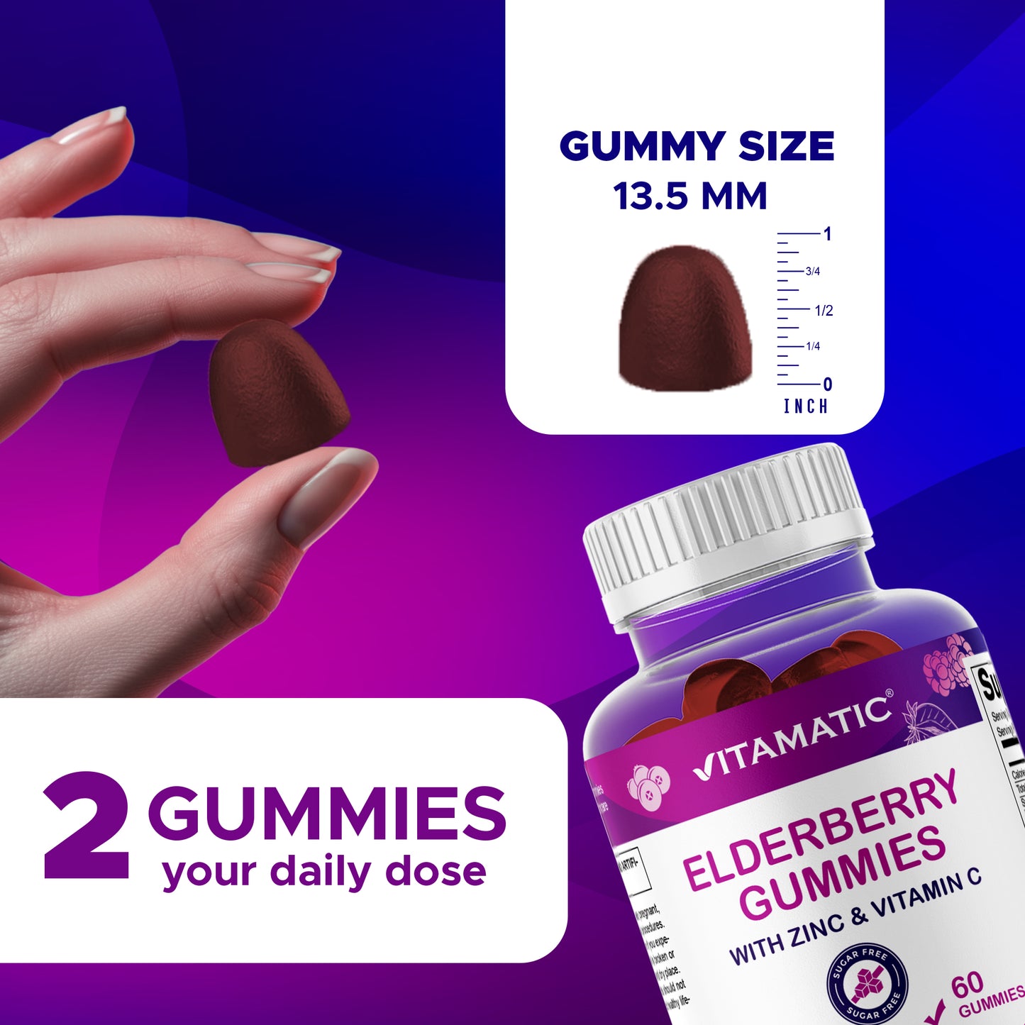 Vitamatic Elderberry Gummies with Vitamin C & Zinc – Mixed Berry Flavor– 60 Gummies