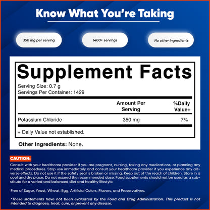 Potassium Chloride Powder – 1 Kg (2.2 lb) – Pure, No Fillers, Non-GMO, Gluten Free