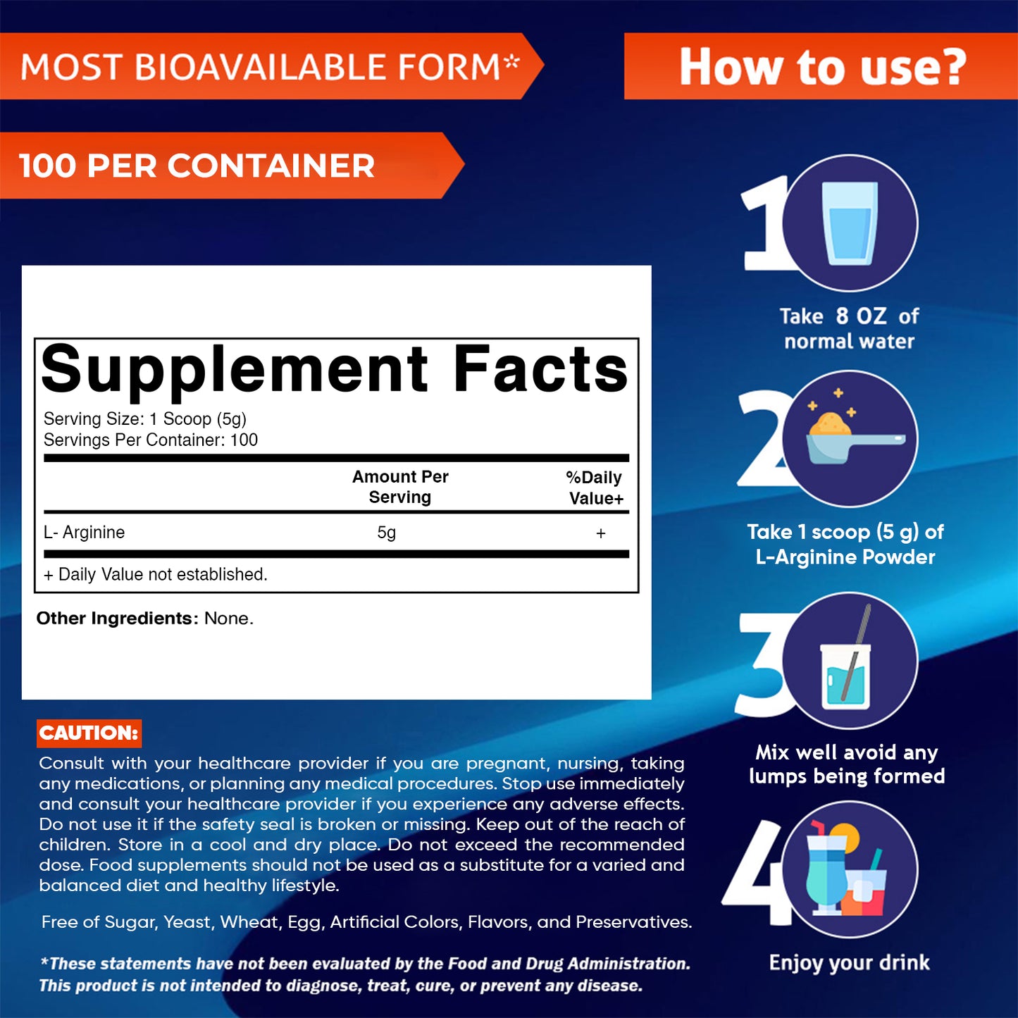 Vitamatic L-Arginine Pure Powder 500 Gram | Unflavored | Non GMO | Gluten Free | No Additives | 5000mg Per Serving | 100 Servings