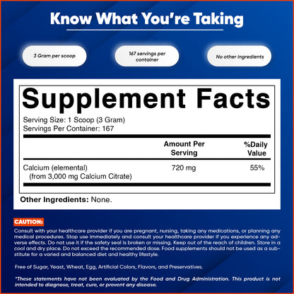 Calcium Citrate Powder – Provides 720 mg Elemental Calcium, 500 g (17.6 oz)