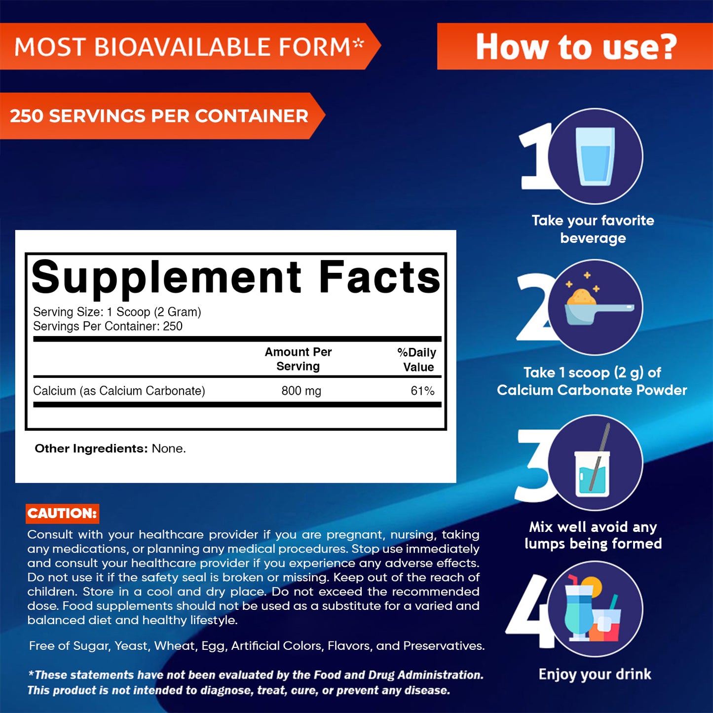 Calcium Carbonate Powder – 500 g (17.6 oz) – Unflavored Dietary Supplement Powder Non-GMO
