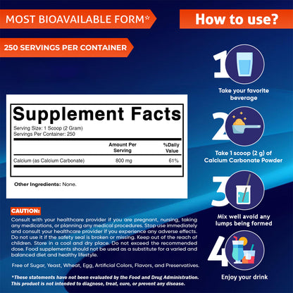 Calcium Carbonate Powder – 500 g (17.6 oz) – Unflavored Dietary Supplement Powder Non-GMO
