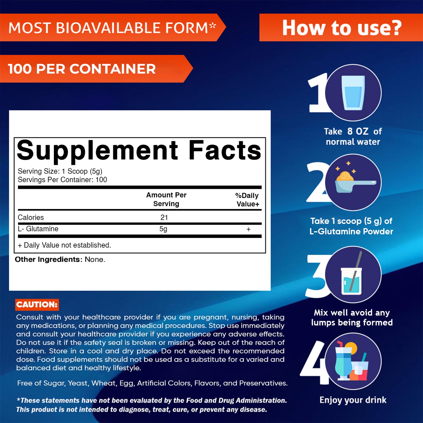 Vitamatic L-Glutamine Powder – 5000 mg per Serving – Unflavored - 500 Gram