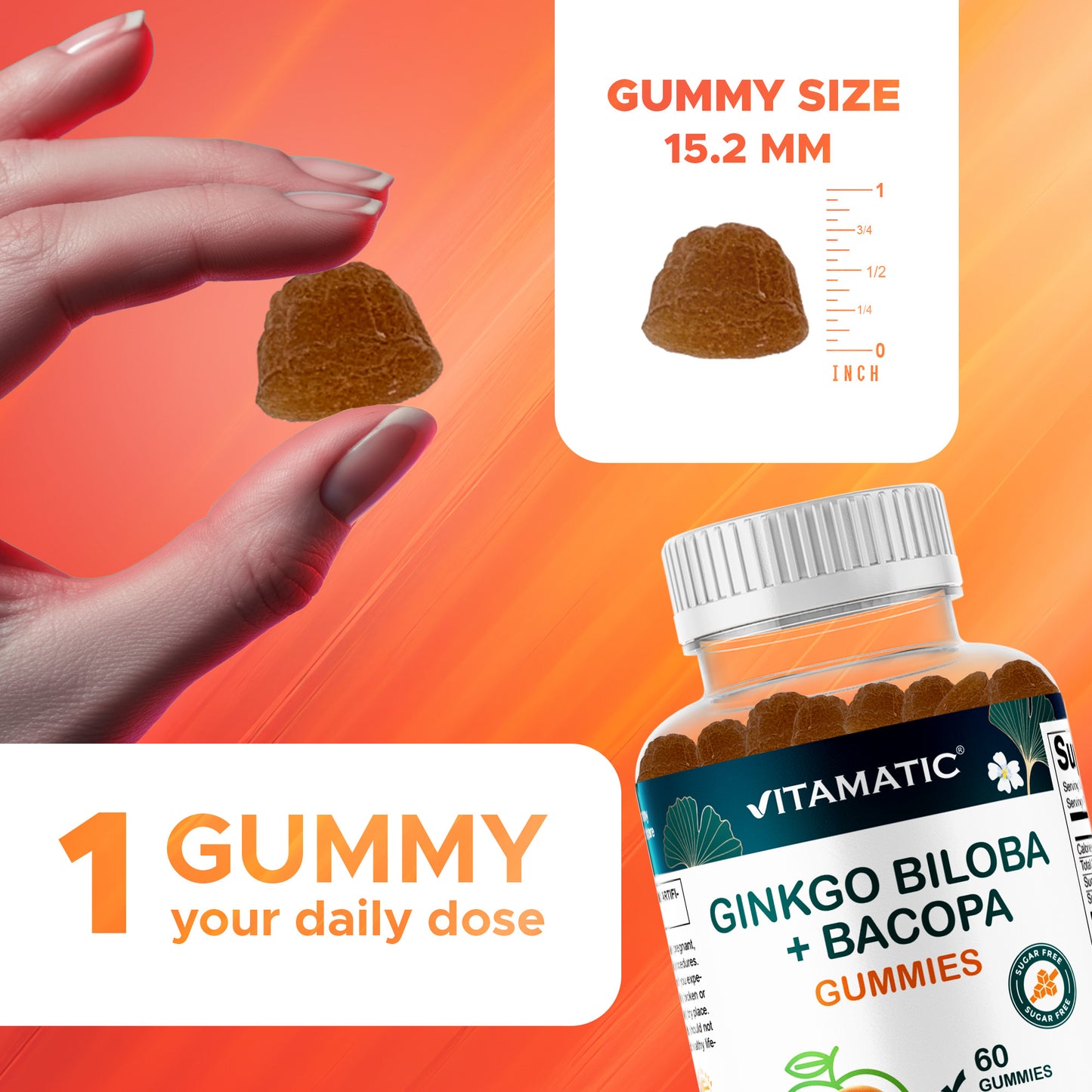 Ginkgo Biloba + Bacopa Gummies – 1250 mg Equivalent | Natural Peach Flavor | 60 Vegan Gummies