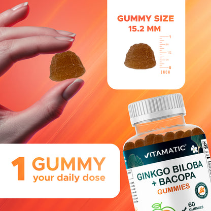 Ginkgo Biloba + Bacopa Gummies – 1250 mg Equivalent | Natural Peach Flavor | 60 Vegan Gummies