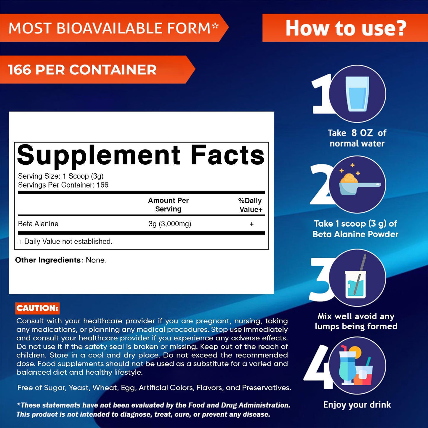 Vitamatic Beta-Alanine Powder – 3000 mg per Serving – Pure Beta Alanine - 500 Gram