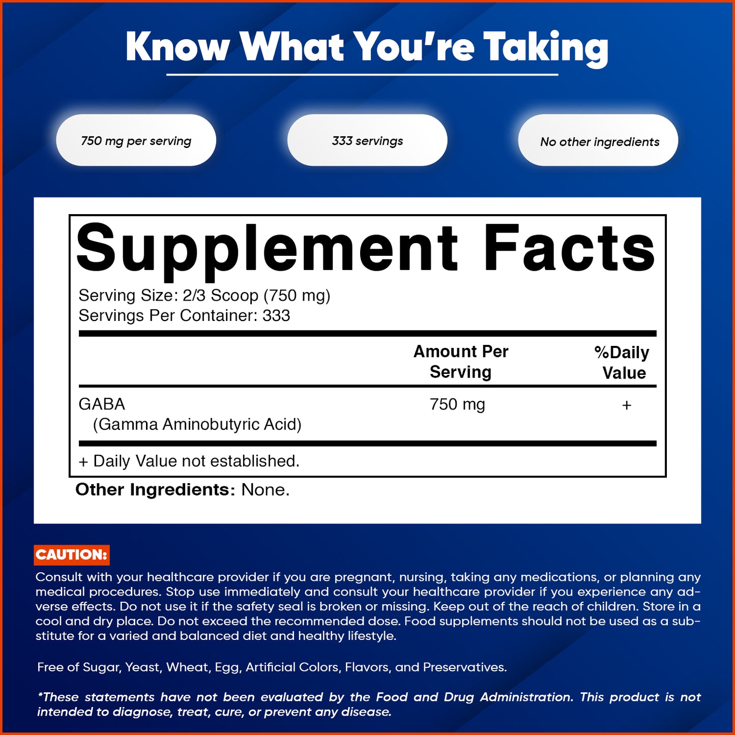 Gamma Aminobutyric Acid Powder 750mg per Serving -250 Grams, 333 Servings