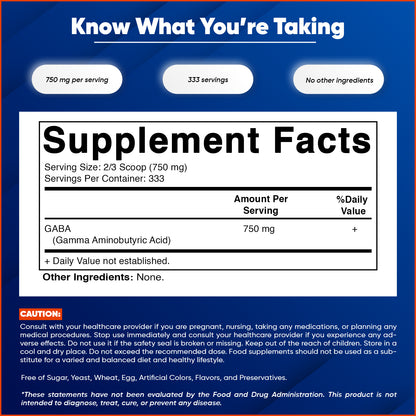 Gamma Aminobutyric Acid Powder 750mg per Serving -250 Grams, 333 Servings