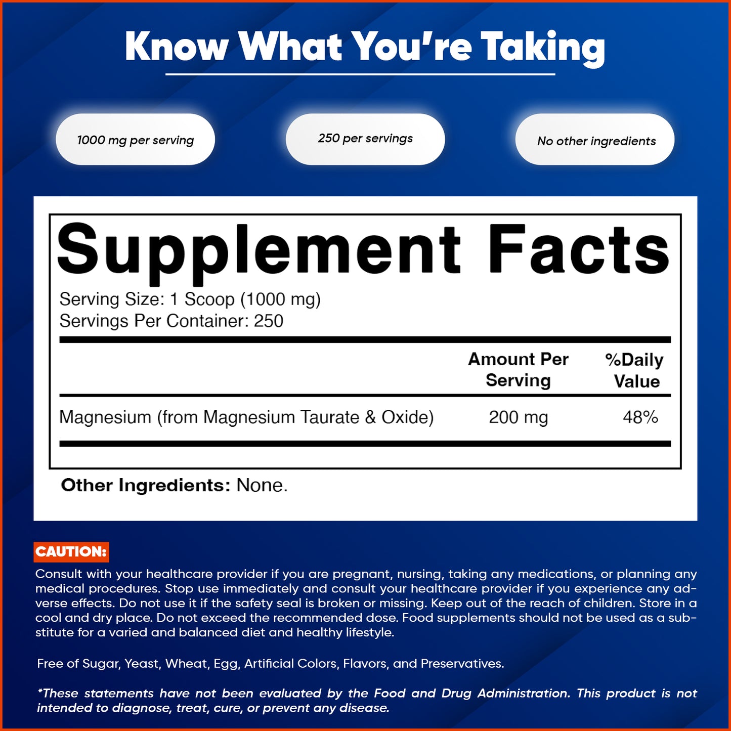 Magnesium Taurate 250gram Powder - 250 Servings