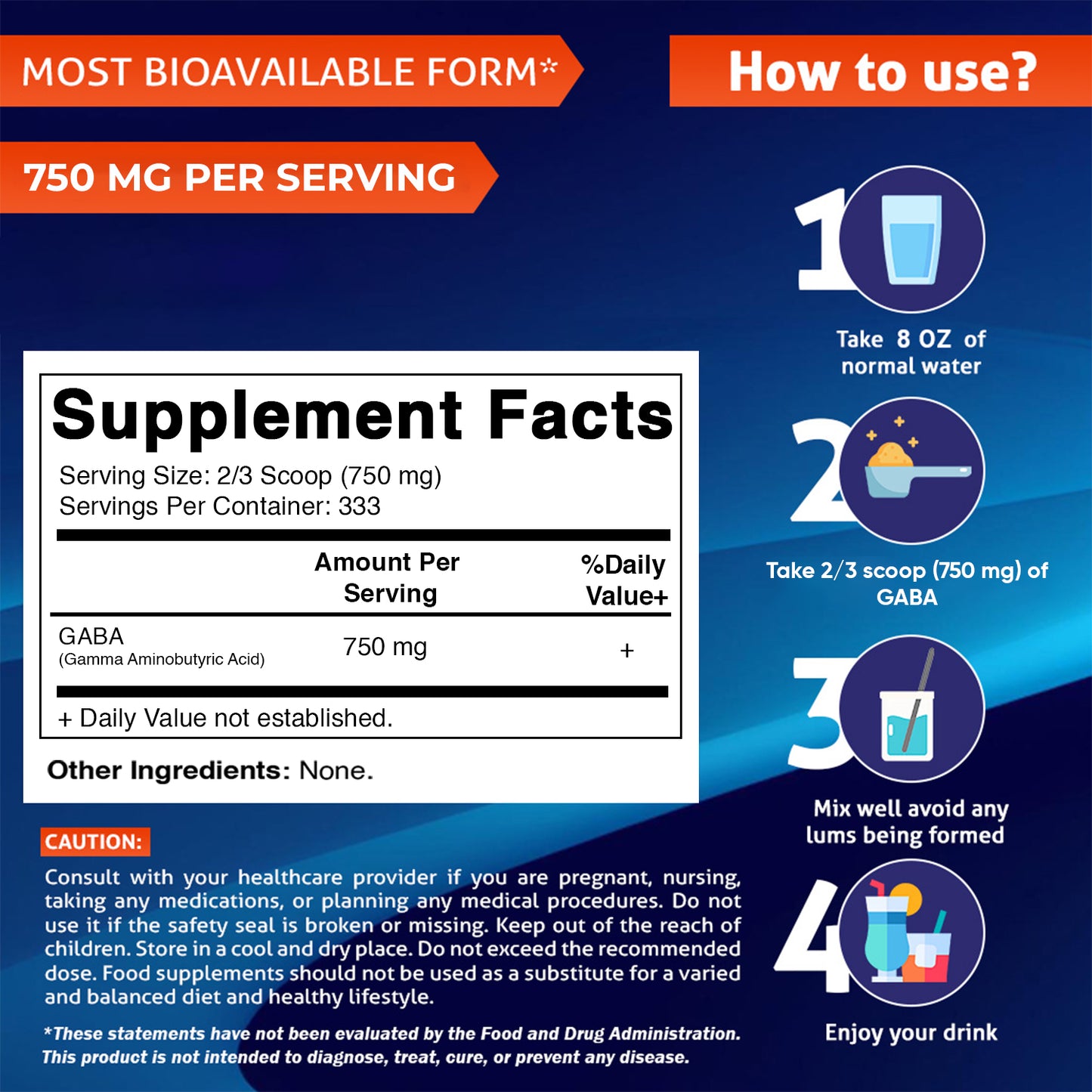 Gamma Aminobutyric Acid Powder 750mg per Serving -250 Grams, 333 Servings