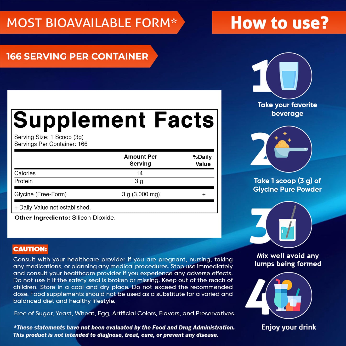Glycine Powder – 3,000 mg Per Serving, Free-Form Amino Acid Supplement, Unflavored, 17.6 oz (500 g), Non-GMO, Gluten Free.