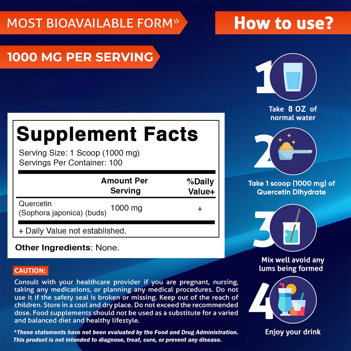 Vitamatic Quercetin Dihydrate Powder 1000 mg | Pure & Unflavored | Non-GMO | Dietary Supplement - 100 Grams