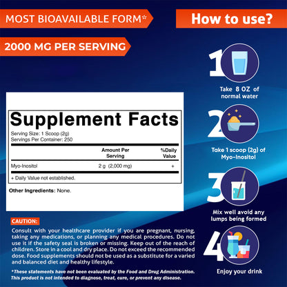 Myo-Inositol Powder 2000 mg per Serving | 500 g (250 Servings) | Pure Powder | No Sugar | No Fillers | Non-GMO | Dietary Supplement