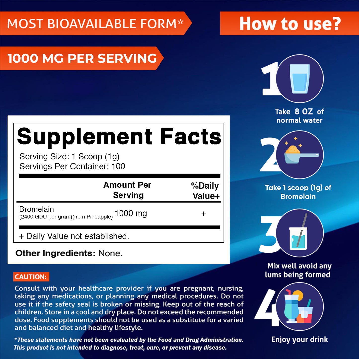 Bromelain Powder 1000mg per Serving - 2400 GDU/g, Proteolytic Enzymes, 100 Grams