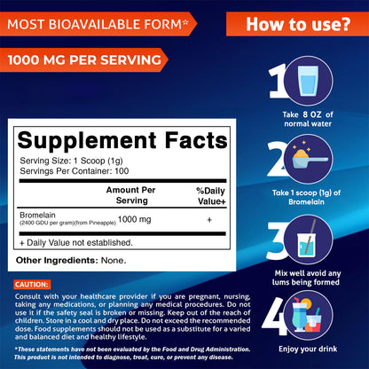 Bromelain Powder 1000mg per Serving - 2400 GDU/g, Proteolytic Enzymes, 100 Grams