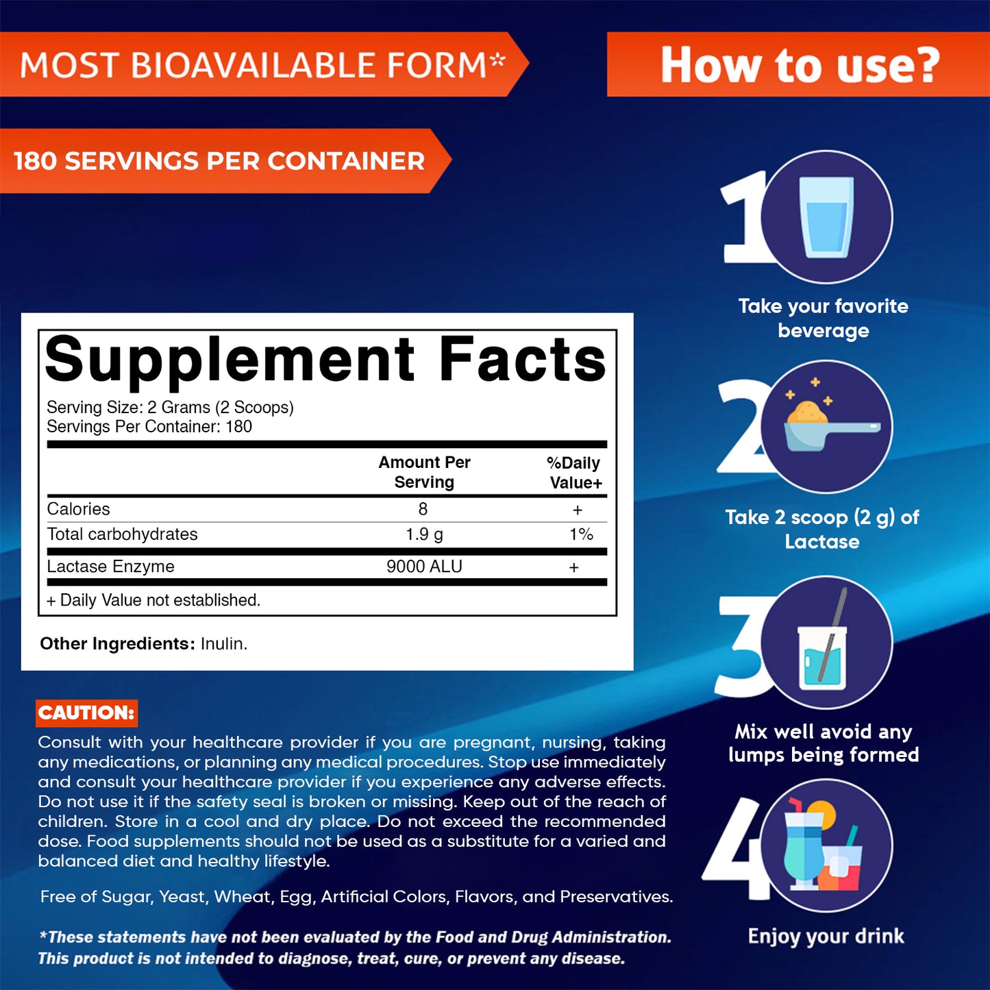 Lactase Enzyme Powder – 9000 ALU Per Serving – 180 Servings