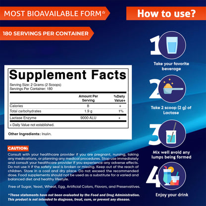 Lactase Enzyme Powder – 9000 ALU Per Serving – 180 Servings
