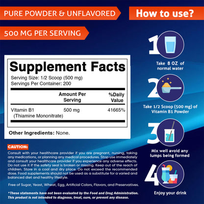 Vitamin B1 Pure Powder - 100 Grams (Thiamine Mononitrate)