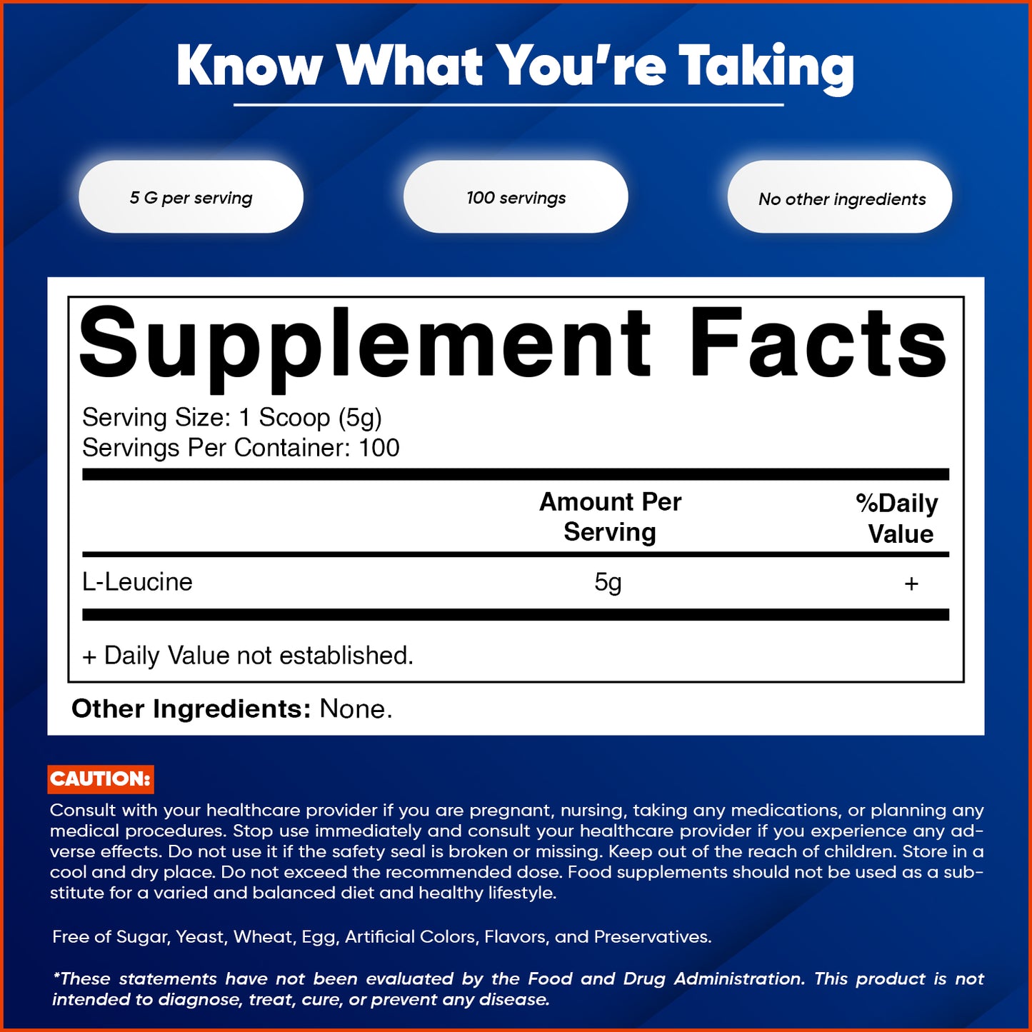 L-Leucine Powder 500g (17.6 oz), 5g Per Serving, 100 Servings Per Bag