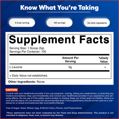 L-Leucine Powder 500g (17.6 oz), 5g Per Serving, 100 Servings Per Bag