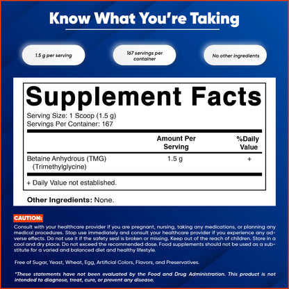 Betaine Anhydrous (TMG) Powder – 250 g (8.8 oz) – Pure Trimethylglycine