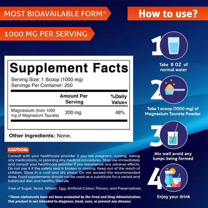 Magnesium Taurate 250gram Powder - 250 Servings