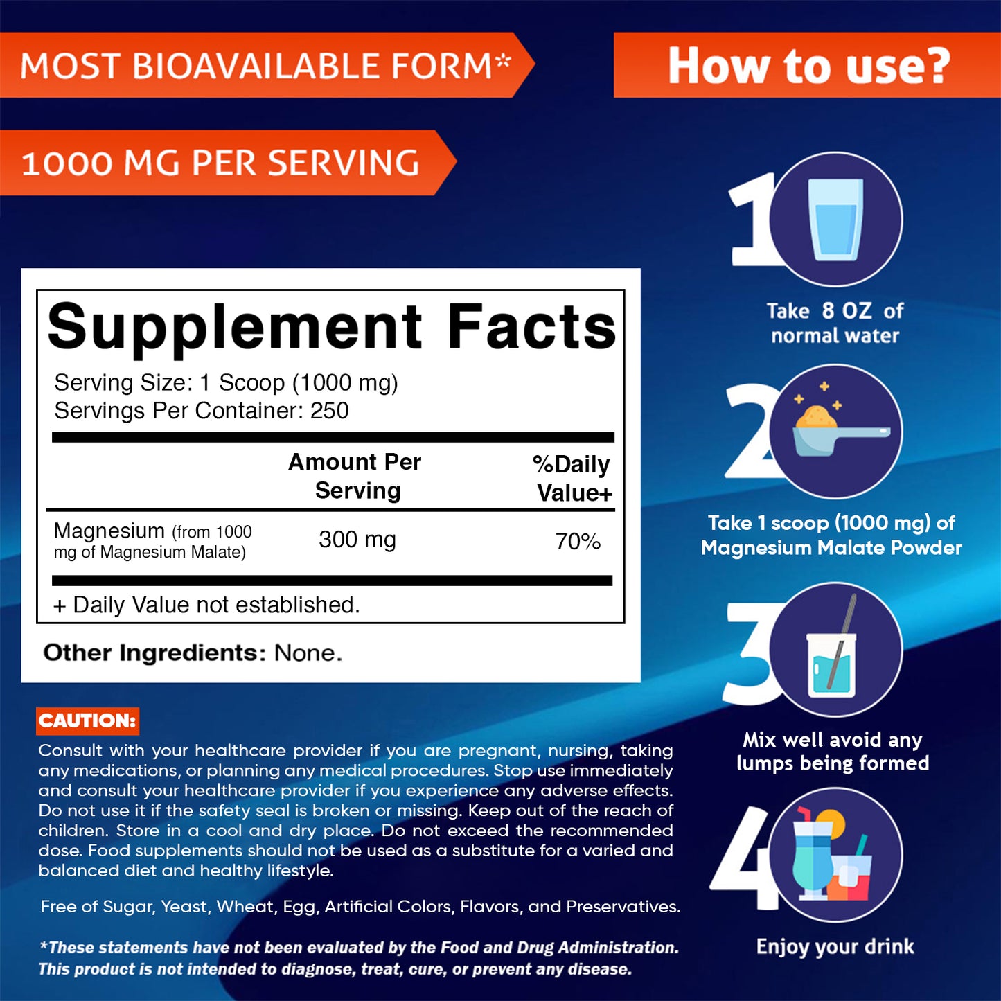 Magnesium Malate 1000mg per Servings - 250 Grams - 250 Servings