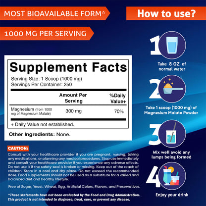 Magnesium Malate 1000mg per Servings - 250 Grams - 250 Servings