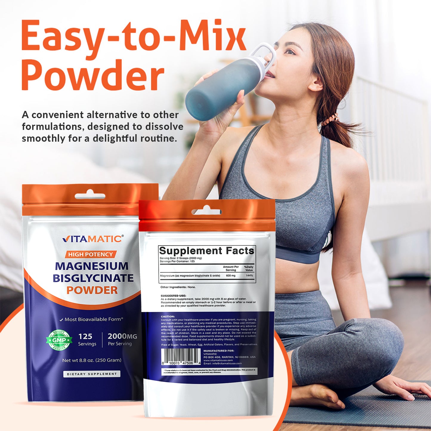 Vitamatic Magnesium (from Bisglycinate & Oxide) - Supports Muscle, Joint, and Heart Health 250 Grams - 125 Servings