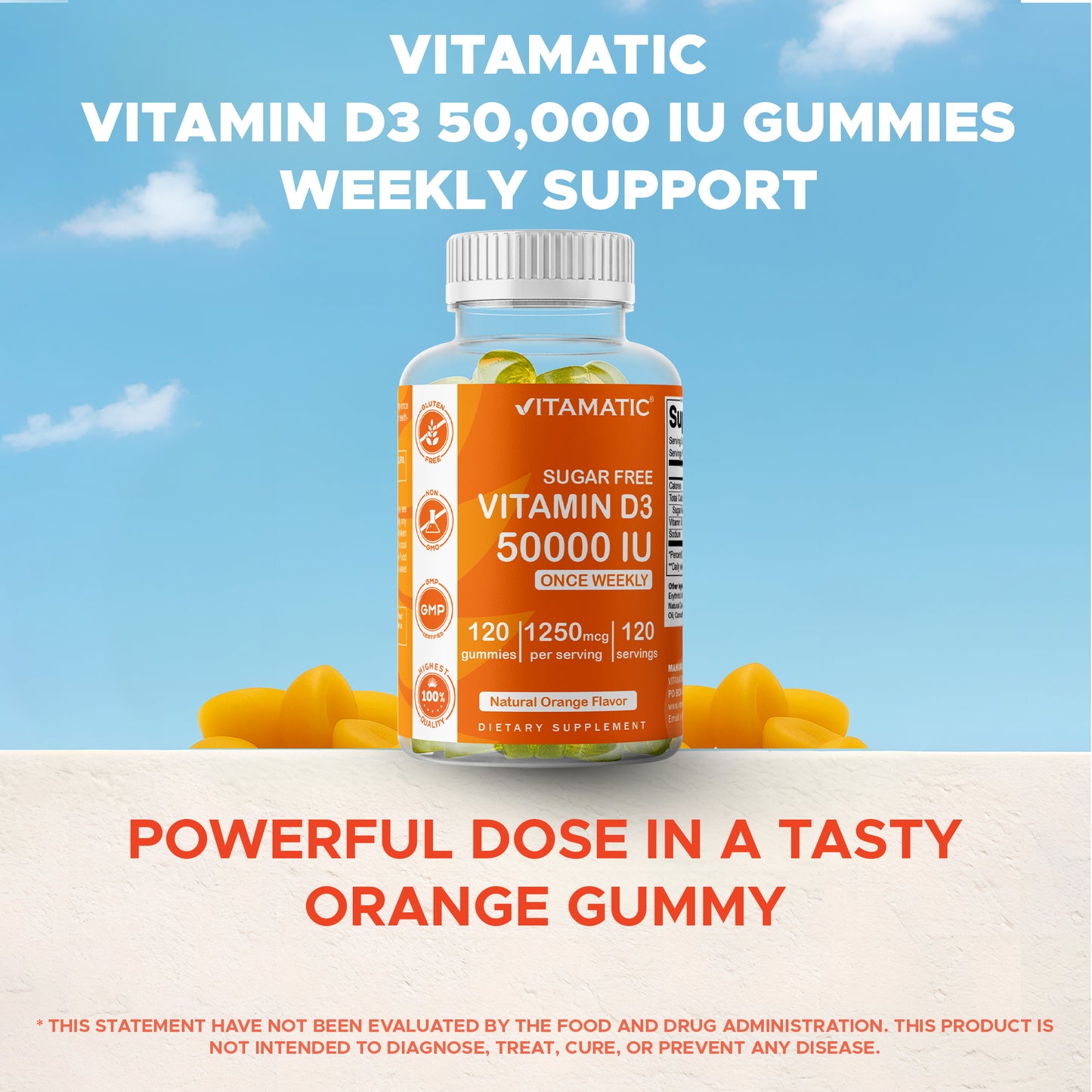 Sugar Free Vitamin D3 50000 IU Pectin Based - 120 Gummies