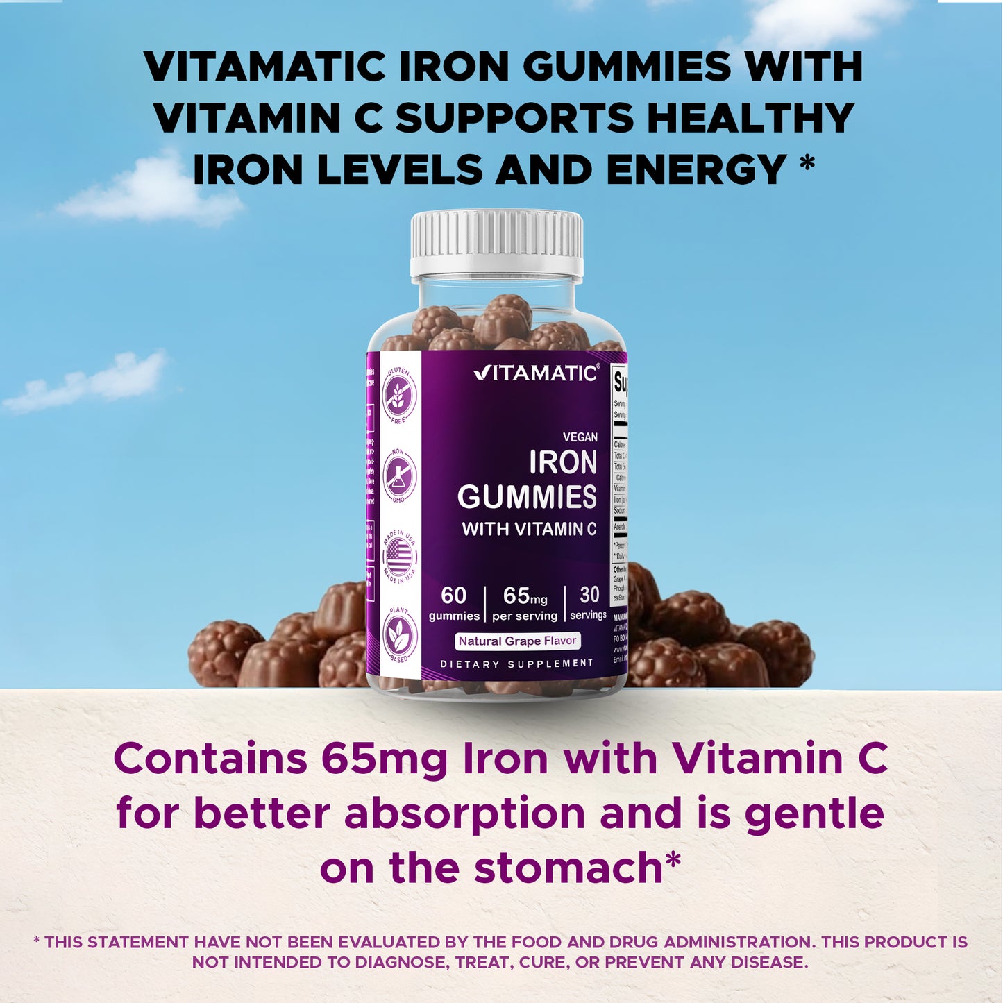 Vitamatic Iron 65mg with Vitamin C, 60 Gummies