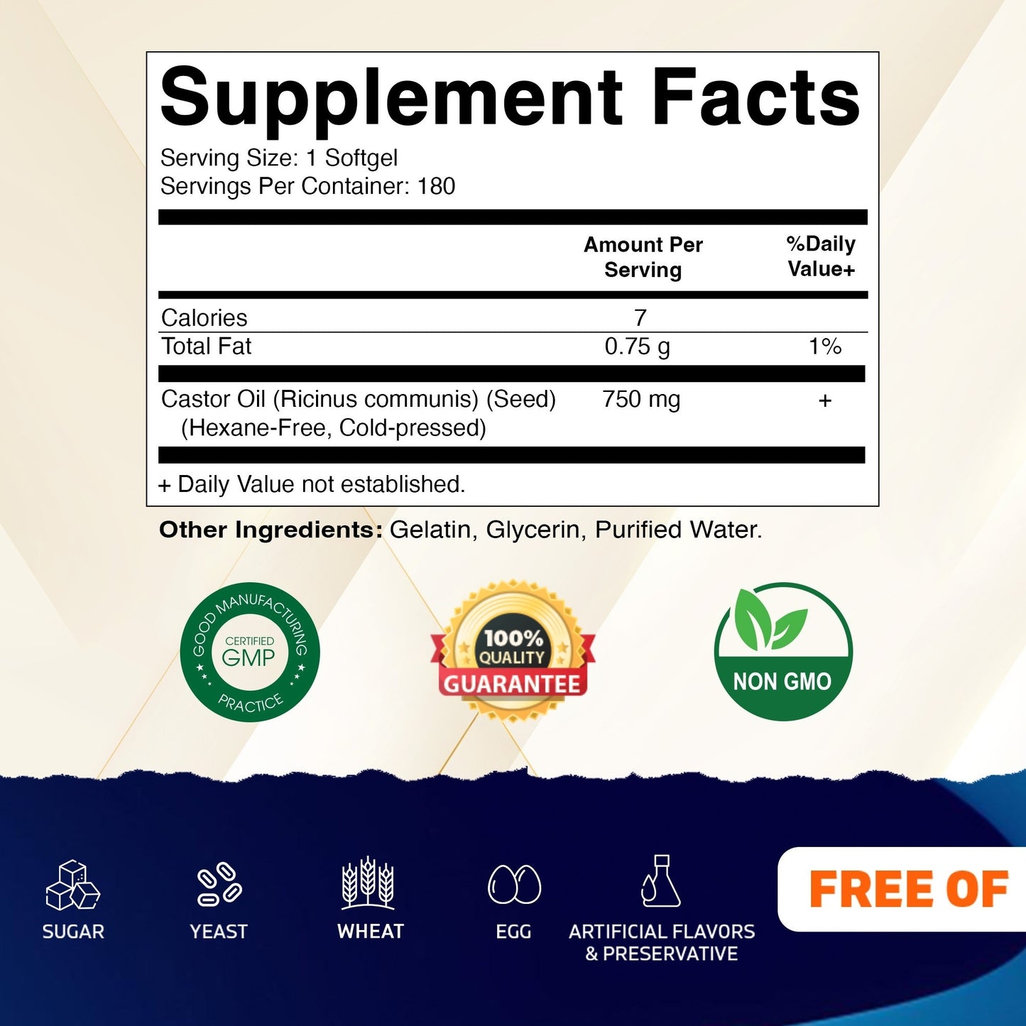 Vitamatic Castor Oil Softgels 750 mg | Cold Pressed | 180 Softgels | Easy-to-Swallow