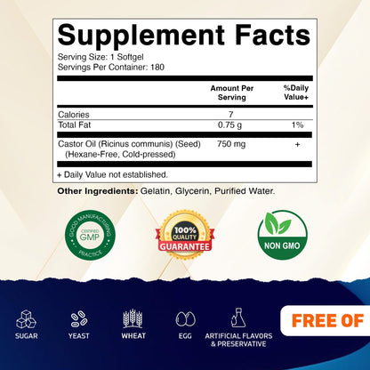 Vitamatic Castor Oil Softgels 750 mg | Cold Pressed | 180 Softgels | Easy-to-Swallow