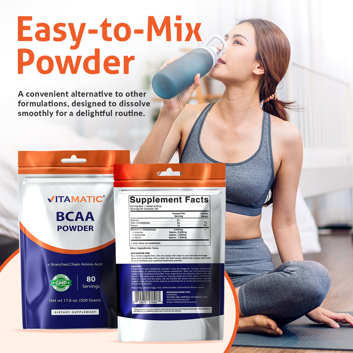 Vitamatic BCAA Powder – 2:1:1 Instantized Branched Chain Amino Acid – 6000 mg per Serving – L-Leucine, L-Isoleucine & L-Valine - 500 Gram