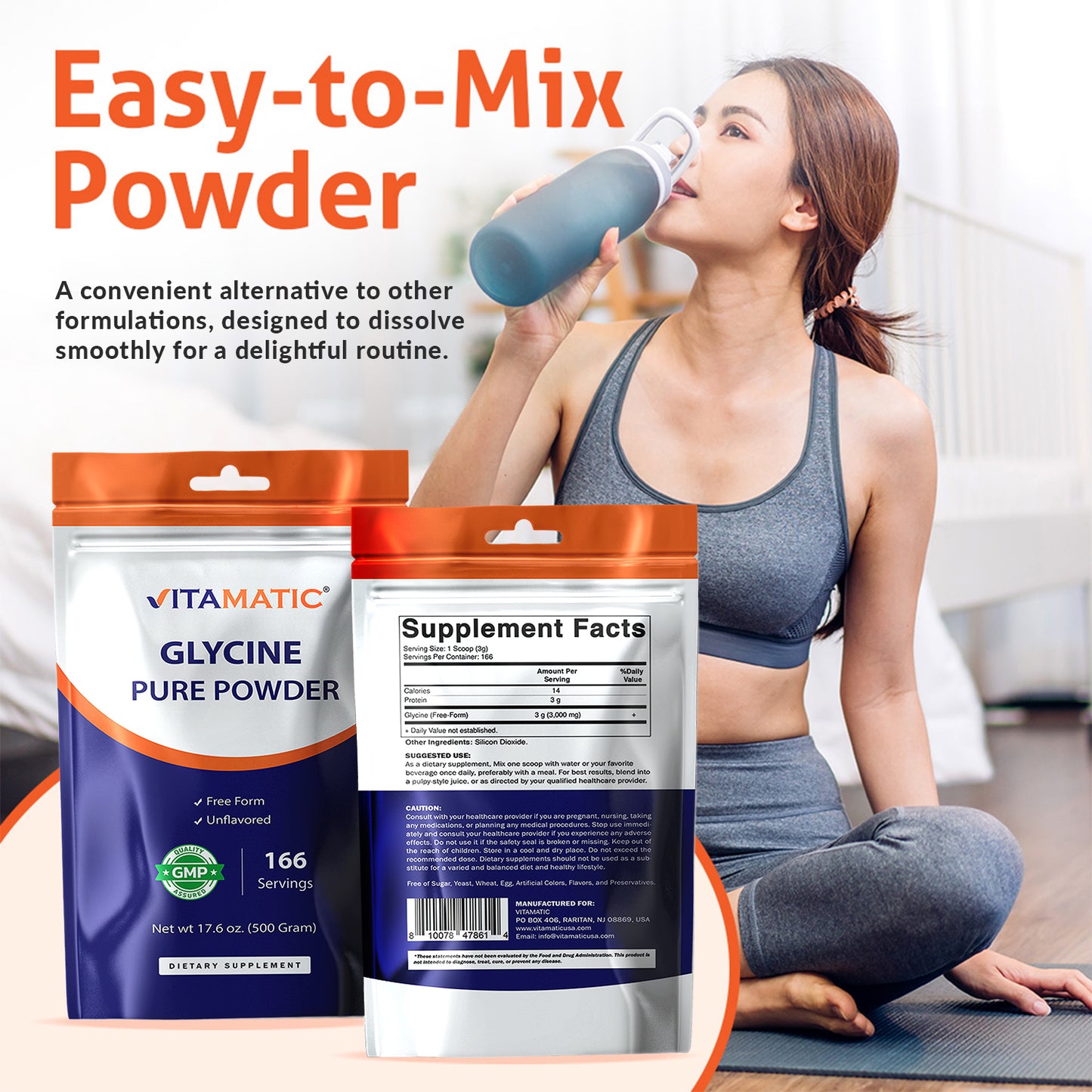 Glycine Powder – 3,000 mg Per Serving, Free-Form Amino Acid Supplement, Unflavored, 17.6 oz (500 g), Non-GMO, Gluten Free.